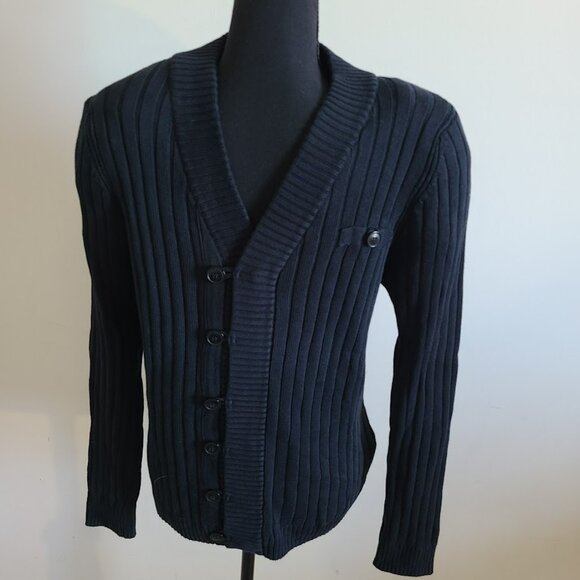 ZARA Man Navy Ribbed Knit Cardigan Sweater M Minimalist Preppy Y2K 00's - Picture 2 of 7